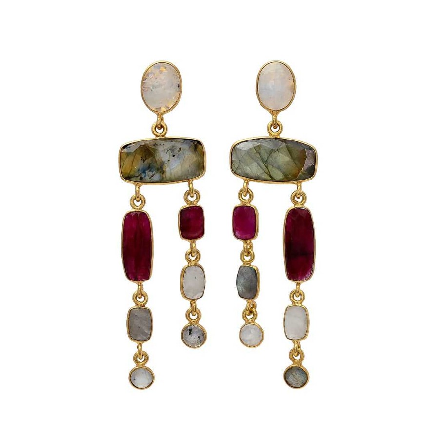 Pendientes Mestiza Joyas | Pendientes Con Piedras Cannes Granate, Labradorita Y Luna