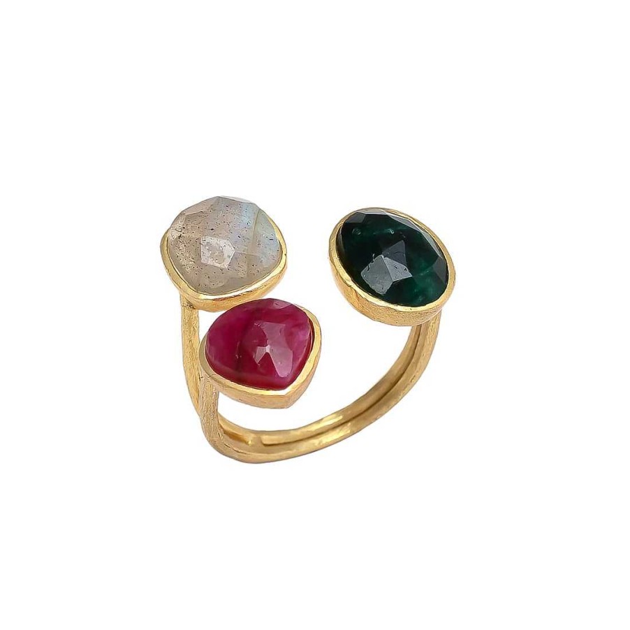 Anillos Mestiza Joyas | Anillo Con Piedras Alma Granate, Verde Y Labradorita