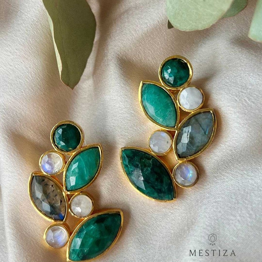 Pendientes Mestiza Joyas | Pendientes Regina Verde, Amazonita, Labradorita Y Piedra De Luna