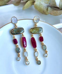 Pendientes Mestiza Joyas | Pendientes Con Piedras Cannes Granate, Labradorita Y Luna