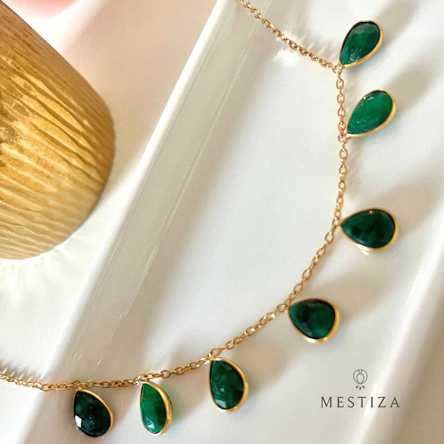 Collares Mestiza Joyas | Collar Con Piedras 7 Gotas Verde