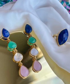 Pendientes Mestiza Joyas | Pendientes Con Piedras Madame Azul, Aguamarina, Luna Y Rosa