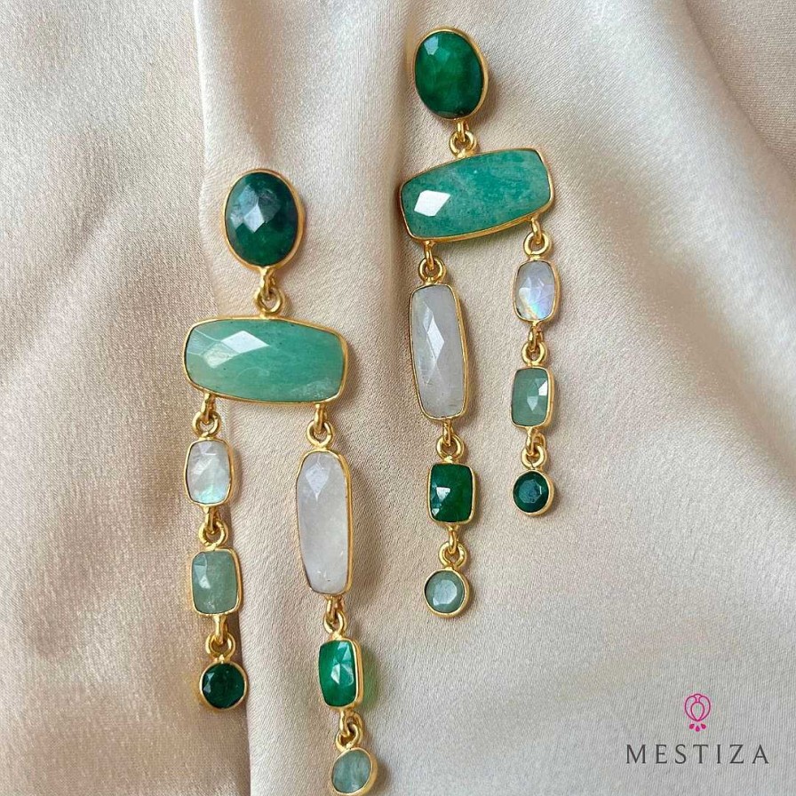 Pendientes Mestiza Joyas | Pendientes Con Piedras Cannes Verde, Amazonita Y Luna