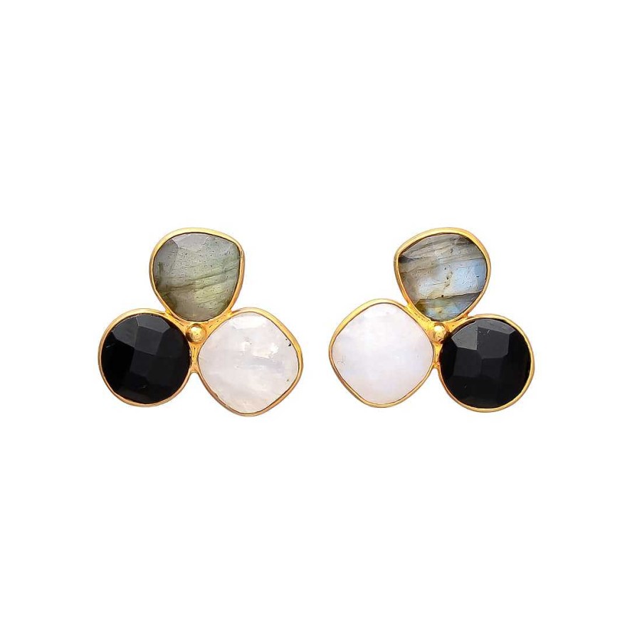 Pendientes Mestiza Joyas | Pendientes Con Piedras Zarautz Negro, Labradorita Y Luna