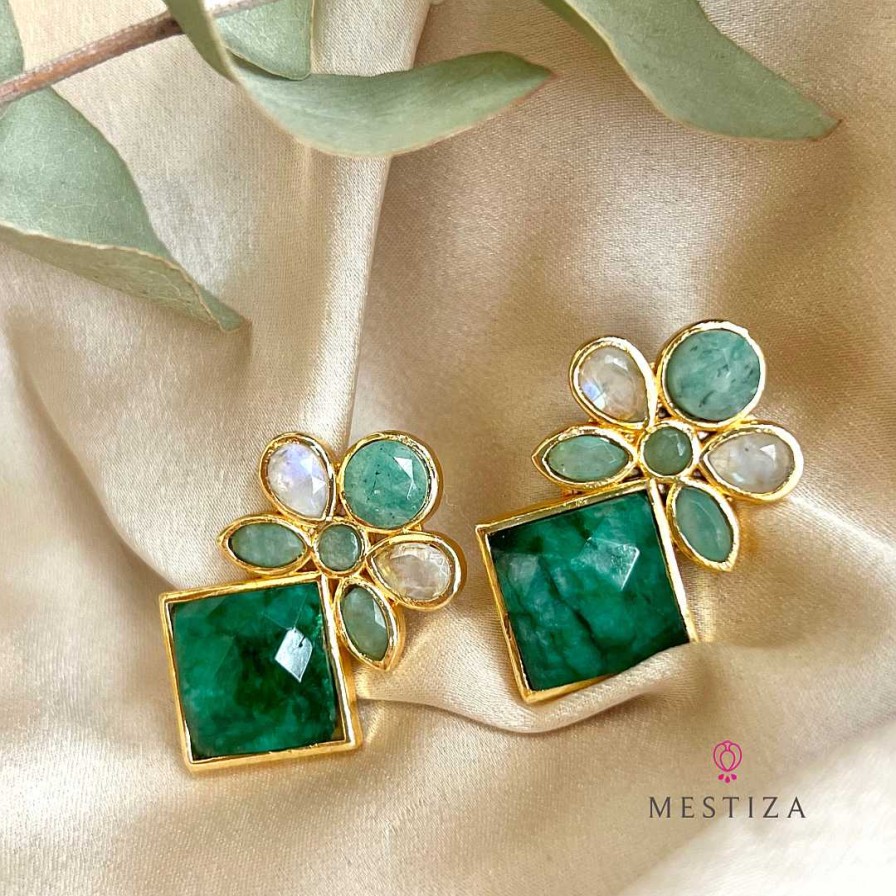 Pendientes Mestiza Joyas | Pendientes Con Piedras Elegance Verde, Amazonita Y Luna